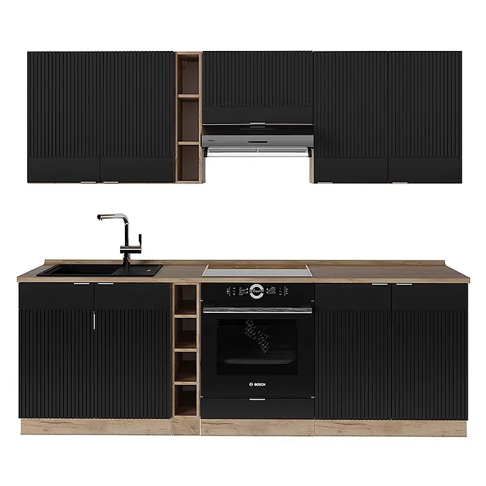 Vicco Küchenzeile Fame-Line Schwarz gestreift/Goldkraft Eiche, AP Eiche - Breite: 235 cm, Schwarz gestreift, Ohne Elektrogeräte - Schwarze geriffelte Küchenzeile mit Holzoptik-Akzenten und integrierten Geräten.