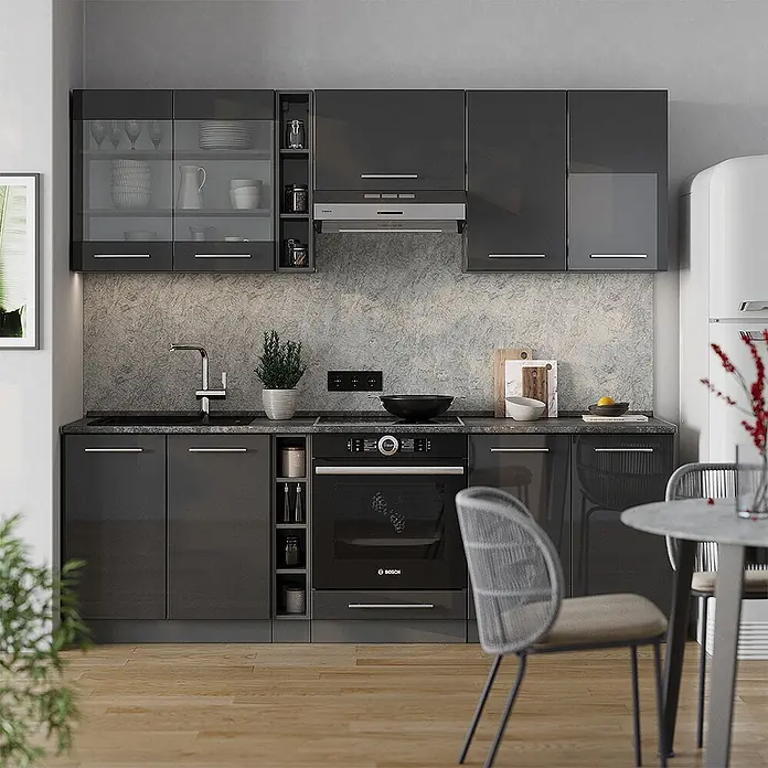 Vicco Küchenzeile Fame-Line Anthrazit Hochglanz ohne Arbeitsplatte - Anthrazit Hochglanz, Ohne Elektrogeräte - Moderne dunkelgraue Hochglanzküche mit integrierten Geräten, Spüle und Dunstabzugshaube.