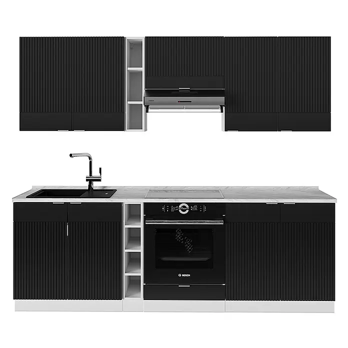 Vicco Küchenzeile Fame-Line Schwarz gestreift/Weiß, AP Marmor - Breite: 235 cm, Schwarz gestreift, Ohne Elektrogeräte - Moderne schwarze Küchenschränke mit geriffelter Textur, weißer Arbeitsplatte, Spüle, Backofen und Dunstabzugshaube.