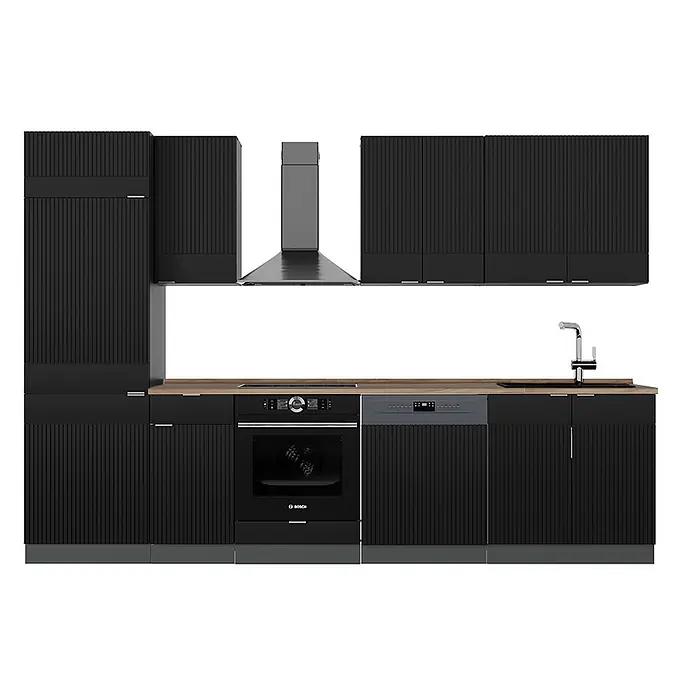 Vicco Küchenzeile Fame-Line Schwarz gestreift/Anthrazit, AP Eiche - Breite: 300 cm, Schwarz gestreift, Ohne Elektrogeräte - Moderne schwarze Küche mit geriffelten Schränken, heller Holz-Arbeitsplatte, integriertem Backofen, Geschirrspüler, Spüle und Dunstabzugshaube.