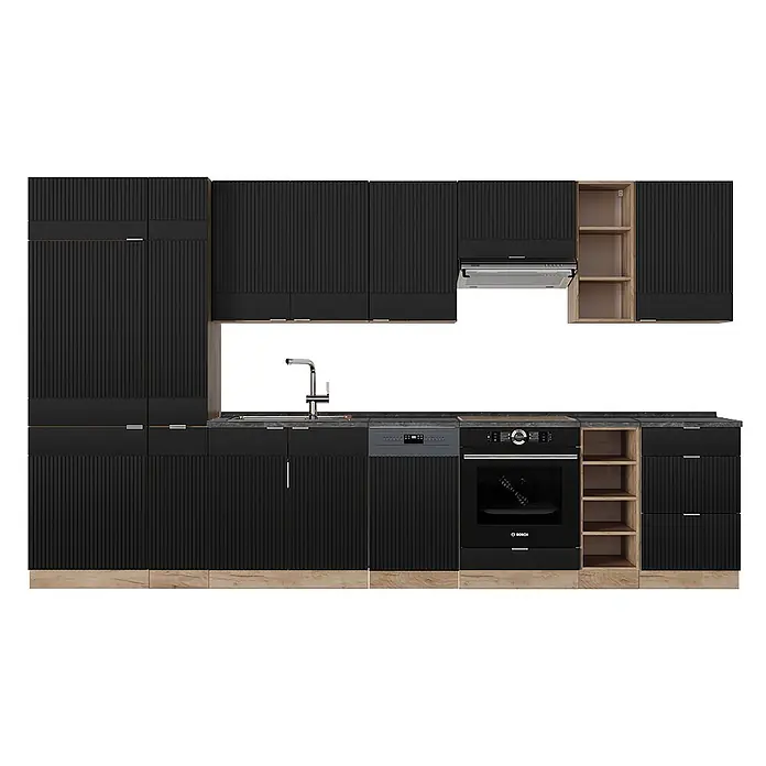 Vicco Küchenzeile Fame-Line Schwarz gestreift/Goldkraft Eiche, AP Anthrazit - Breite: 355 cm, Schwarz gestreift, Ohne Elektrogeräte - Moderne schwarze Küche mit gerippten Fronten, integrierten Geräten und Holz-Akzenten, inklusive offener Regale.
