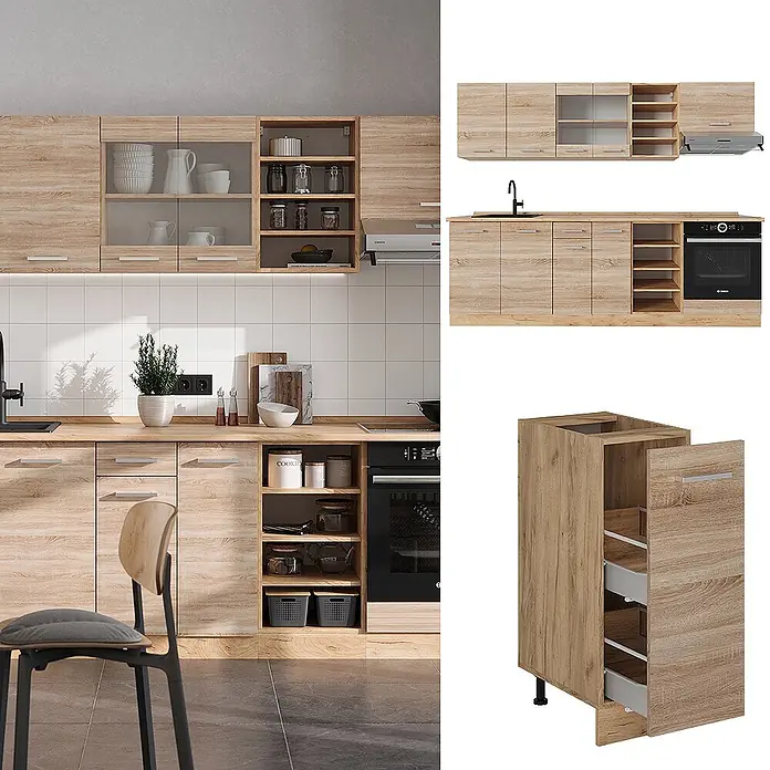 Vicco Küchenzeile R-Line Sonoma/Goldkraft Eiche ohne Arbeitsplatte - Sonoma, Ohne Elektrogeräte - Moderne Küchenzeile mit hellen Holzfronten, Glastüren und integrierten Geräten. Umfasst Ober- und Unterschränke mit Stauraum.