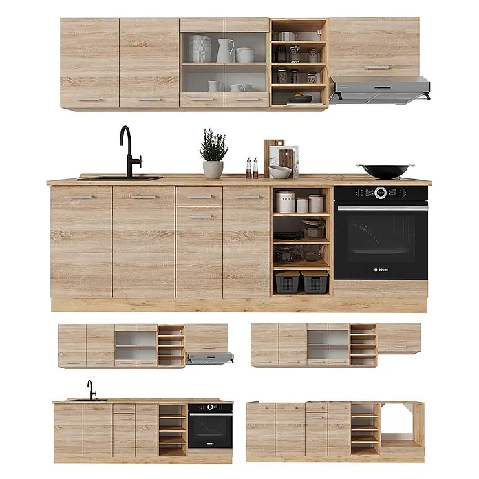 Vicco Küchenzeile R-Line Sonoma/Goldkraft Eiche ohne Arbeitsplatte - Sonoma, Ohne Elektrogeräte - Moderne Küchenschränke in heller Holzoptik mit integriertem Backofen, Spüle und Dunstabzugshaube.