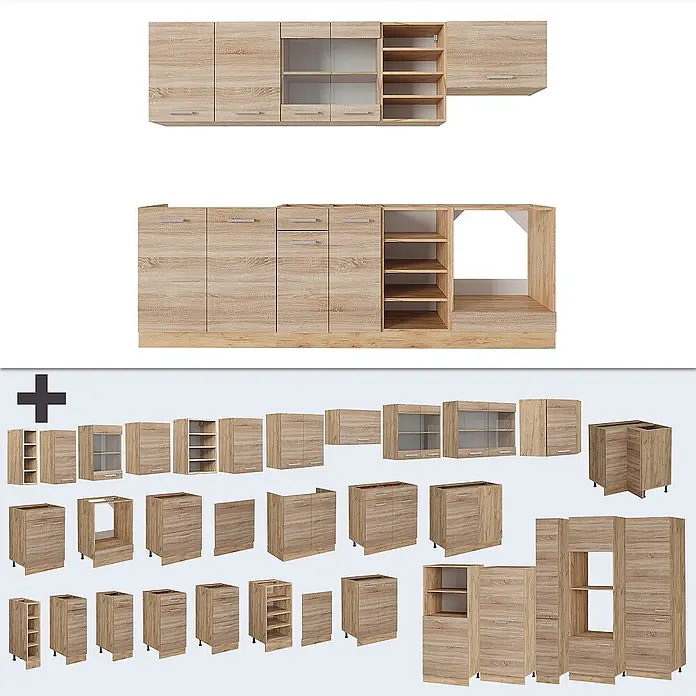 Vicco Küchenzeile R-Line Sonoma/Goldkraft Eiche ohne Arbeitsplatte - Sonoma, Ohne Elektrogeräte - Modulares Küchenmöbel-Set in heller Holzoptik.