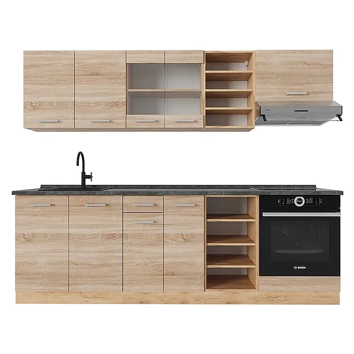 Vicco Küchenzeile R-Line Sonoma/Goldkraft Eiche, AP Anthrazit - Breite: 240 cm, Sonoma, Ohne Elektrogeräte - Komplette Einbauküche in heller Eichenoptik mit dunkelgrauer Arbeitsplatte, integrierter Spüle, Armatur, Backofen und Dunstabzugshaube.
