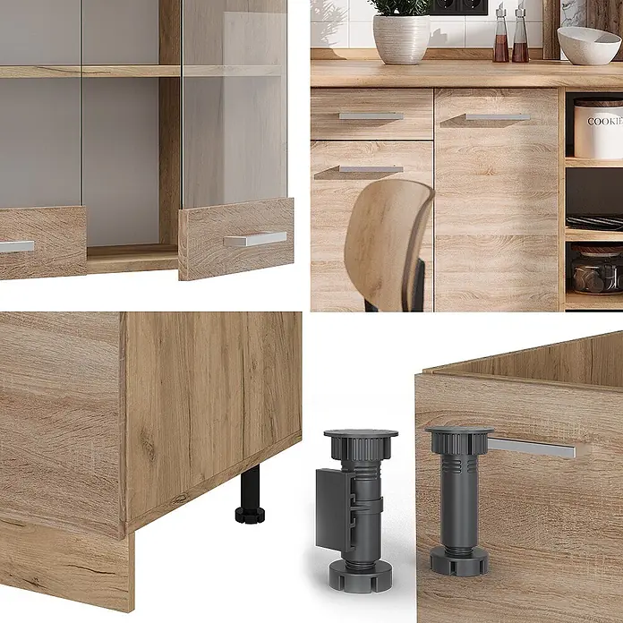 Vicco Küchenzeile R-Line Sonoma/Goldkraft Eiche ohne Arbeitsplatte - Sonoma, Ohne Elektrogeräte - Helle Küchenschränke in Holzoptik mit grauen Griffen und verstellbaren Füßen. Zeigt Ober-, Unterschränke und Detailansichten der Standfüße.
