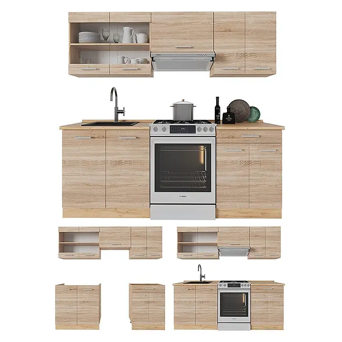 Vicco Küchenzeile R-Line Sonoma/Goldkraft Eiche ohne Arbeitsplatte - Sonoma, Ohne Elektrogeräte - Modulare Küchenzeile mit hellen Holzmaserungsschränken, bestehend aus Ober- und Unterschränken, Spüle und Platz für einen freistehenden Herd.