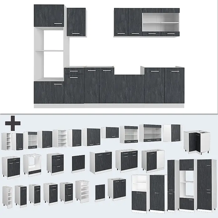 Vicco Küchenzeile R-Line Schwarz Beton/Weiß AP Eiche - Breite: 300 cm, Schwarz Beton, Ohne Elektrogeräte - Modulares Küchenschrank-Set in Anthrazit und Weiß, mit verschiedenen Ober-, Unter- und Hochschränken.
