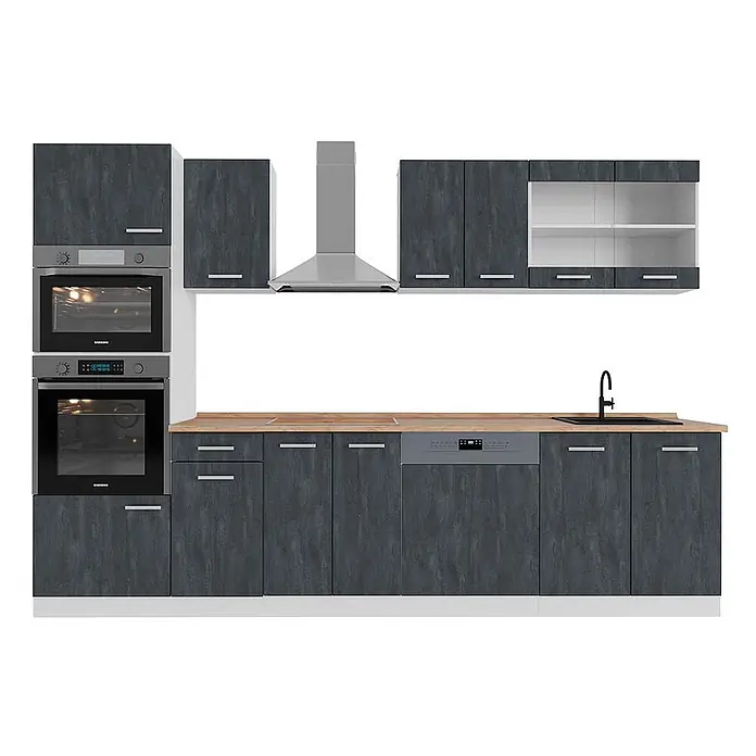 Vicco Küchenzeile R-Line Schwarz Beton/Weiß AP Eiche - Breite: 300 cm, Schwarz Beton, Ohne Elektrogeräte - Moderne dunkelgraue Küchenzeile mit Holz-Arbeitsplatte, integrierten Backöfen, Geschirrspüler, Spüle und Dunstabzugshaube.