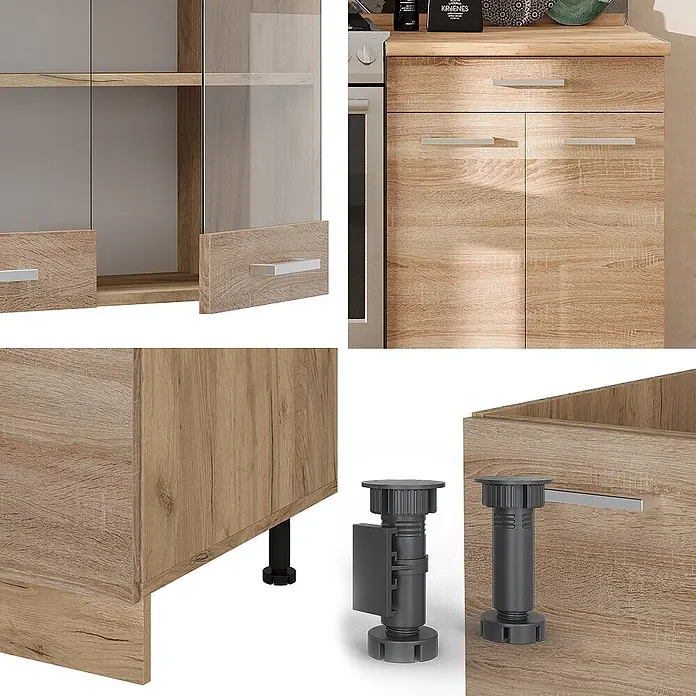 Vicco Küchenzeile R-Line Sonoma/Goldkraft Eiche ohne Arbeitsplatte - Sonoma, Ohne Elektrogeräte - Helle Küchenschränke in Eichenoptik mit silbernen Griffen und verstellbaren Füßen, zeigen modulare Möbelkomponenten.