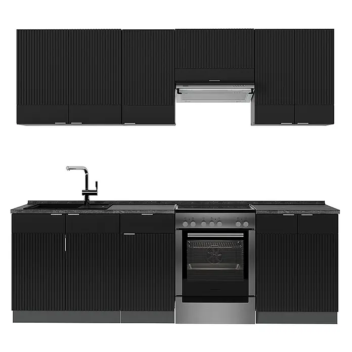 Vicco Küchenzeile Fame-Line Schwarz gestreift/Anthrazit, AP Anthrazit - Breite: 240 cm, Schwarz gestreift, Ohne Elektrogeräte - Schwarze Küchenzeile mit gerippten Schranktüren, Spüle, Herd und Dunstabzugshaube.