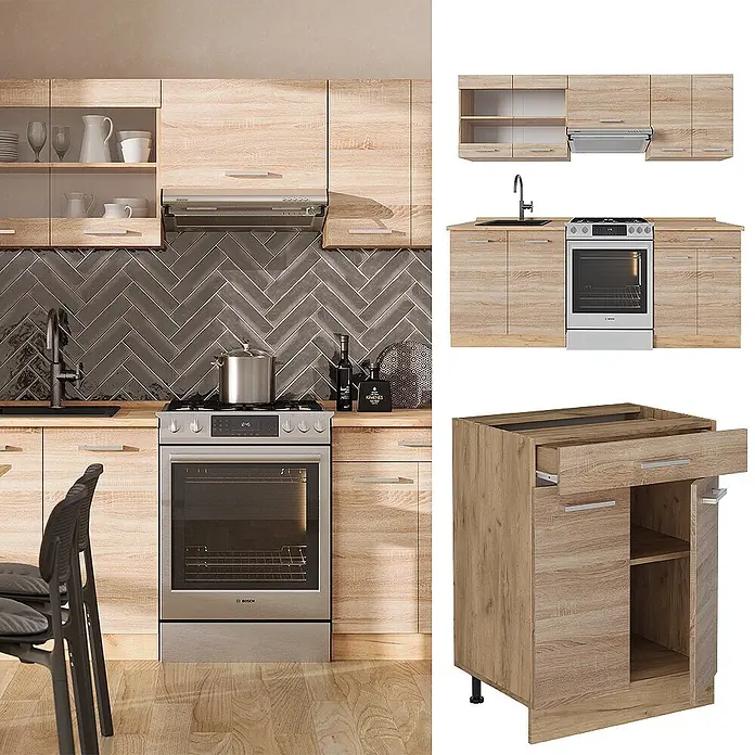 Vicco Küchenzeile R-Line Sonoma/Goldkraft Eiche ohne Arbeitsplatte - Sonoma, Ohne Elektrogeräte - Helle Holzküche mit Ober- und Unterschränken, Spüle, Ofenplatz und Schubladen.