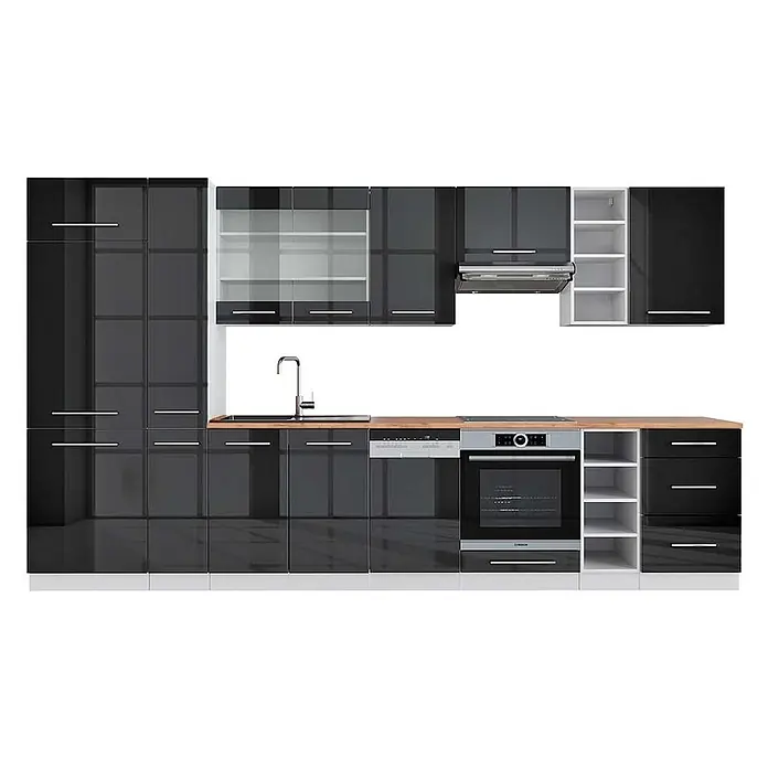 Vicco Küchenzeile Fame-Line Anthrazit Hochglanz/Weiß, AP Eiche - Breite: 355 cm, Anthrazit Hochglanz, Ohne Elektrogeräte - Moderne Einbauküche mit schwarzen Hochglanzschränken, Holzarbeitsplatte, Spüle, Kochfeld, Backofen und Geschirrspüler.