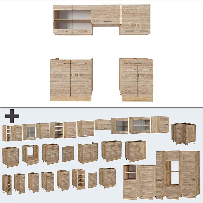 Vicco Küchenzeile R-Line Sonoma/Goldkraft Eiche ohne Arbeitsplatte - Sonoma, Ohne Elektrogeräte - Modulares Küchenschranksystem in heller Eichenoptik mit Einzelmodulen.