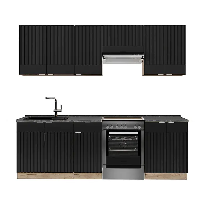 Vicco Küchenzeile Fame-Line Schwarz gestreift/Goldkraft Eiche, AP Anthrazit - Breite: 240 cm, Schwarz gestreift, Ohne Elektrogeräte - Schwarze gerippte Küchenzeile mit dunkler Arbeitsplatte, silberner Spüle, Armatur, Dunstabzugshaube und freistehendem Ofen.