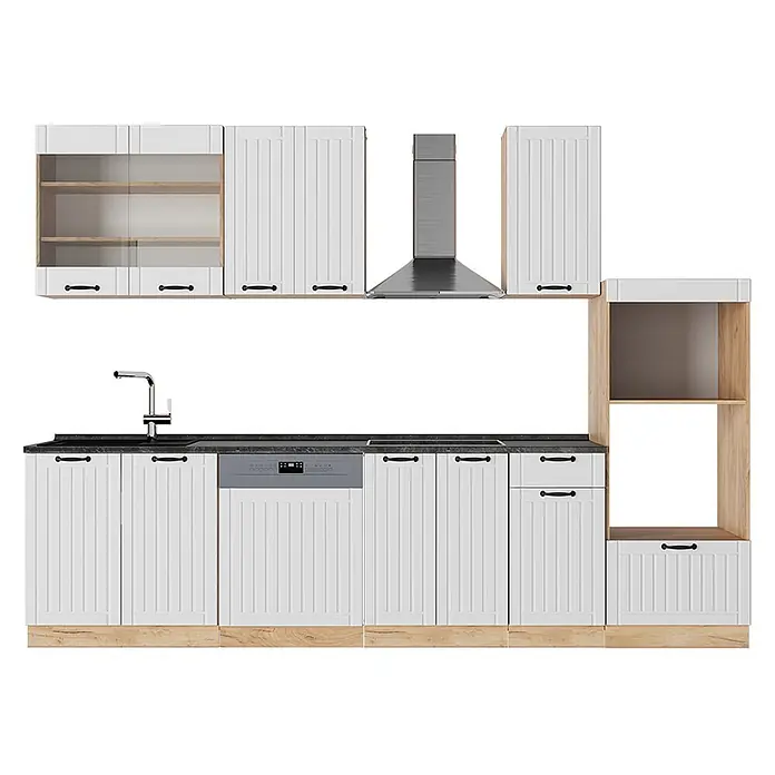 Vicco Küchenzeile Fame-Line Weiß Landhaus mit Hochschrank, AP Anthrazit - Weiß Landhaus, Ohne Elektrogeräte - Weiße modulare Küchenzeile mit vertikal gerillten Schränken, Holzsockel, dunkler Arbeitsplatte, Spüle, Geschirrspüler und Dunstabzugshaube.