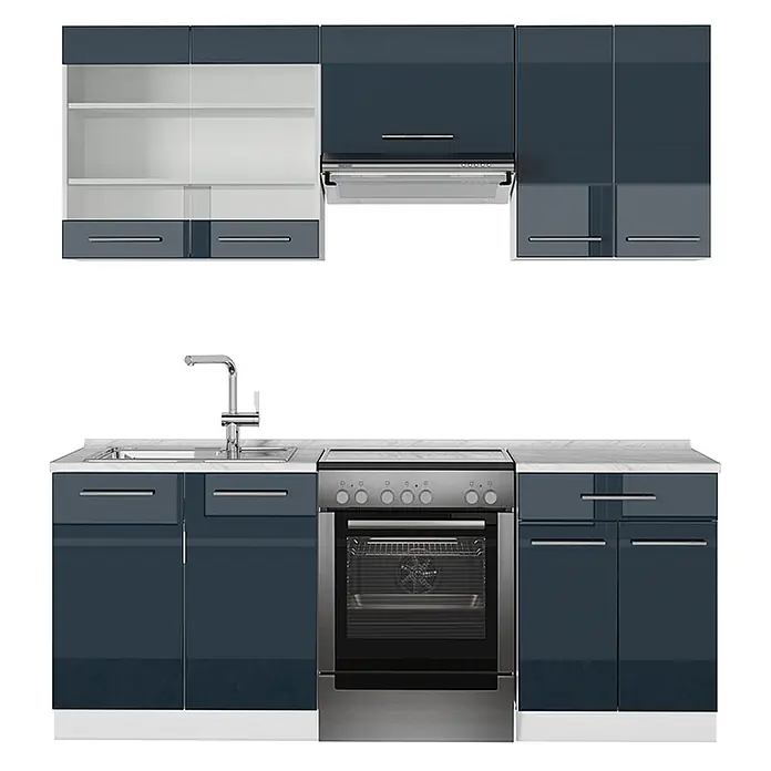 Vicco Küchenzeile Fame-Line Dunkelblau Hochglanz/Weiß, AP Marmor - Dunkelblau Hochglanz, Ohne Elektrogeräte - Moderne Küchenzeile mit hochglanz blaugrauen Schränken, weißer Marmor-Arbeitsplatte, Edelstahlspüle, Backofen und Dunstabzugshaube.