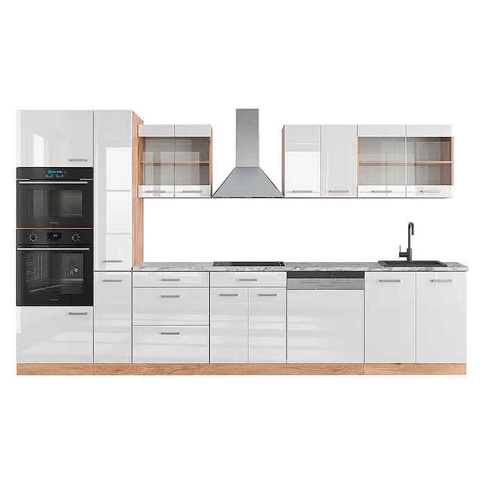 Vicco Küchenzeile R-Line Weiß Hochglanz/Goldkraft Eiche mit Hochschrank, AP Marmor - Breite: 350 cm, Weiß Hochglanz, Ohne Elektrogeräte - Moderne Modulküche mit weißen Hochglanzschränken, Holzdetails, Marmoroptik-Arbeitsplatte und integrierten Geräten in Schwarz und Edelstahl.
