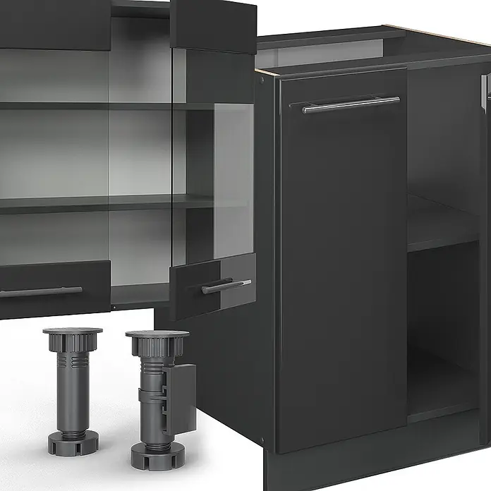 Vicco Küchenzeile Fame-Line Anthrazit Hochglanz mit Hochschrank, AP Marmor - Breite: 300 cm, Anthrazit Hochglanz, Ohne Elektrogeräte - Anthrazitfarbene Küchenschränke, teils mit Glastüren, und verstellbare Möbelfüße.