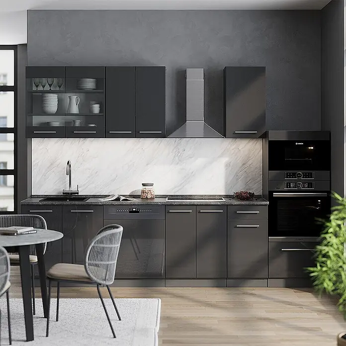 Vicco Küchenzeile Fame-Line Anthrazit Hochglanz mit Hochschrank, AP Marmor - Breite: 300 cm, Anthrazit Hochglanz, Ohne Elektrogeräte - Eine moderne, dunkelgraue Küche mit glänzenden Schränken, weißer Marmor-Rückwand und integrierten Geräten.