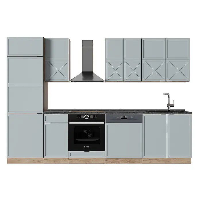 Vicco Küchenzeile Fame-Line Hellblau-grau/Goldkraft Eiche, AP Anthrazit - Breite: 300 cm, Hellblau-grau, Ohne Elektrogeräte - Hellblau/graue Küchenschränke mit schwarzen Geräten (Backofen, Geschirrspüler, Kochfeld, Dunstabzugshaube), Spüle, dunkler Arbeitsplatte und Holzsockel.