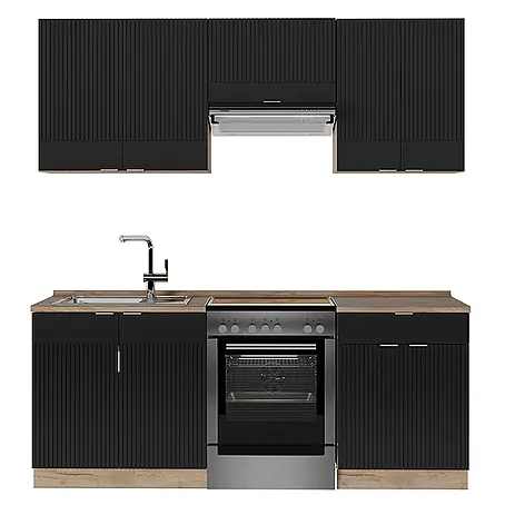 Vicco  Küchenzeile Fame-Line Schwarz gestreift/Goldkraft Eiche, AP Eiche