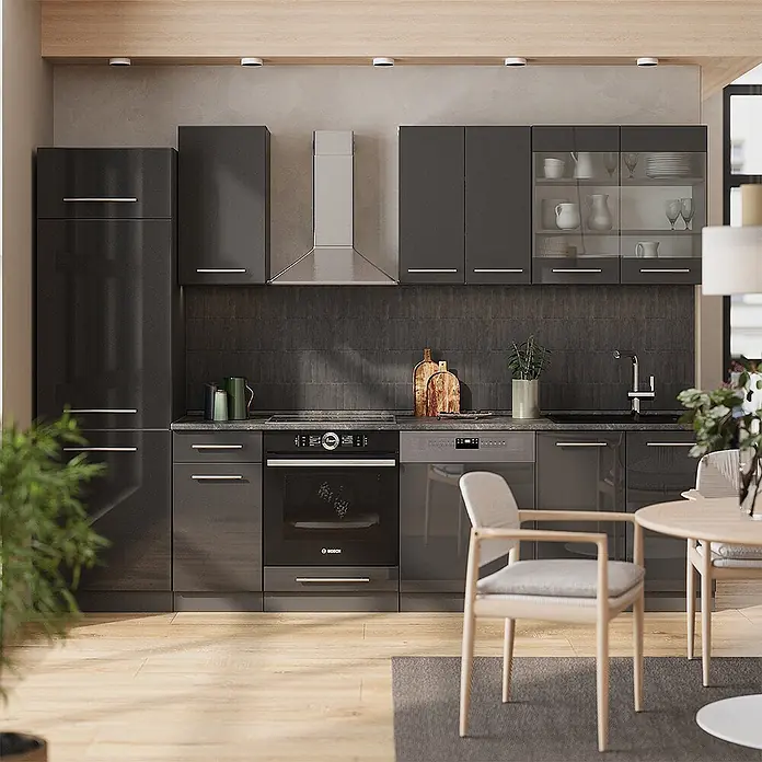 Vicco Küchenzeile Fame-Line Anthrazit Hochglanz ohne Arbeitsplatte - Anthrazit Hochglanz, Ohne Elektrogeräte - Moderne dunkelgraue Hochglanzküche mit integriertem Backofen, Geschirrspüler und Kühlschrank, die elegantes Design und funktionellen Stauraum präsentiert.