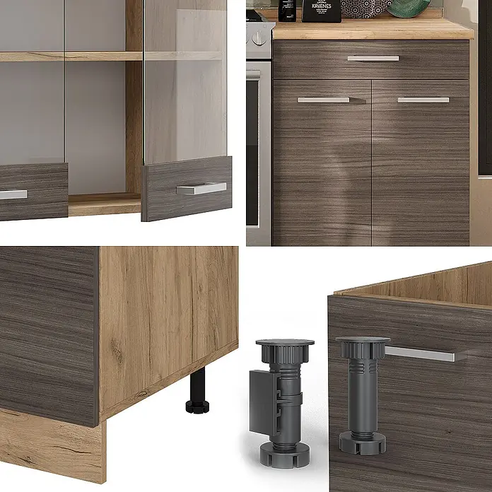Vicco Küchenzeile R-Line Edelgrau/Goldkraft Eiche, AP Eiche - Breite: 200 cm, Edelgrau, Ohne Elektrogeräte - Modulare Küchenschränke in dunkler und heller Holzoptik mit Glastüren, silbernen Griffen und schwarzen verstellbaren Sockelfüßen.