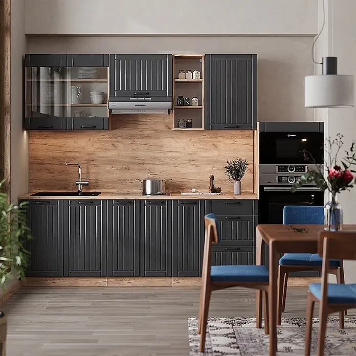 Vicco Küchenzeile Fame-Line Dunkelgrau, AP Eiche - Breite: 280 cm, Dunkelgrau, Ohne Elektrogeräte - Dunkelgraue Küchenschränke mit Holz-Arbeitsplatten und Rückwand, bilden eine komplette Küche.