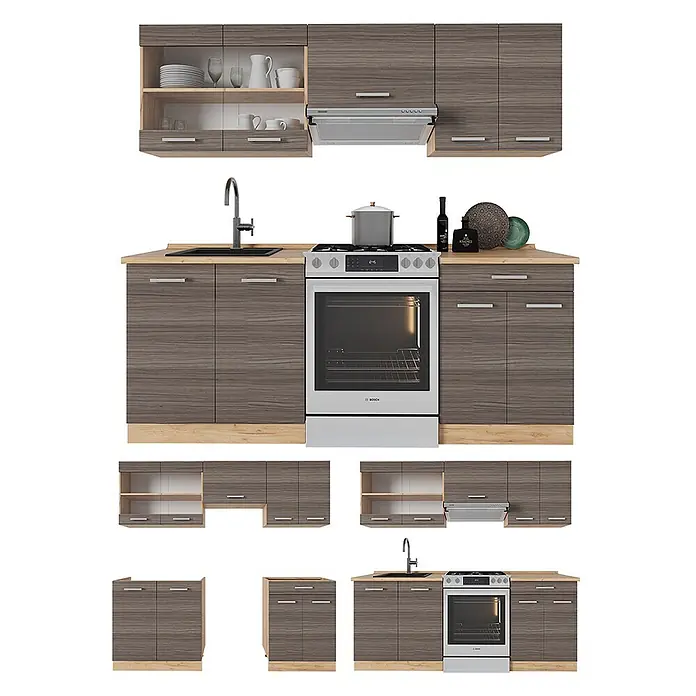 Vicco Küchenzeile R-Line Edelgrau/Goldkraft Eiche, AP Eiche - Breite: 200 cm, Edelgrau, Ohne Elektrogeräte - Modulare Küche mit dunklen Holzmaserungsschränken, hellen Arbeitsplatten, integrierten Geräten (Spüle, Herd, Backofen, Dunstabzug) und einzelnen Modulen.