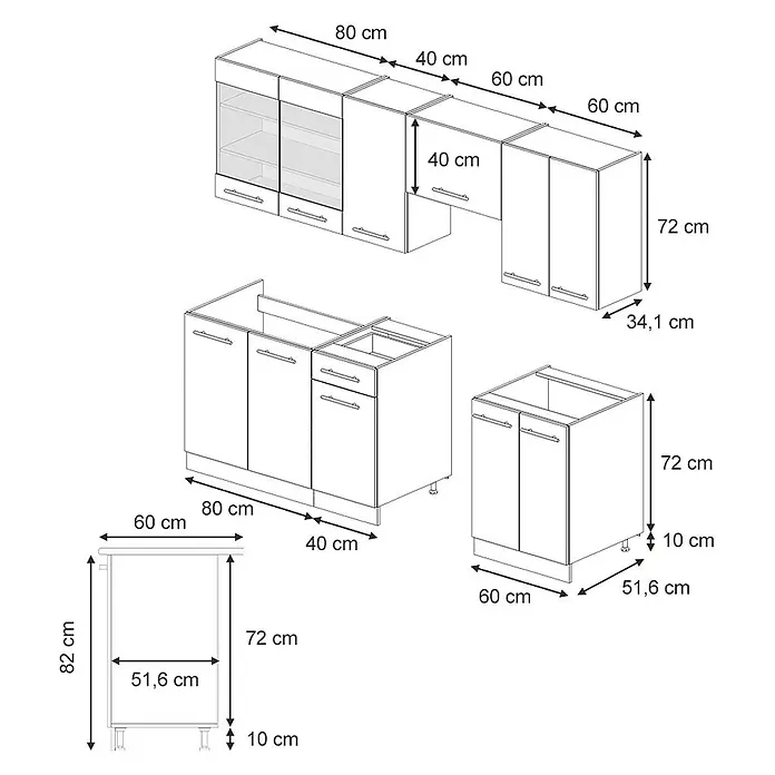 Vicco Küchenzeile Fame-Line Goldkraft Eiche, AP Anthrazit - Goldkraft Eiche, Ohne Elektrogeräte - Technische Zeichnung von Küchenschränken mit detaillierten Maßen für verschiedene modulare Einheiten.