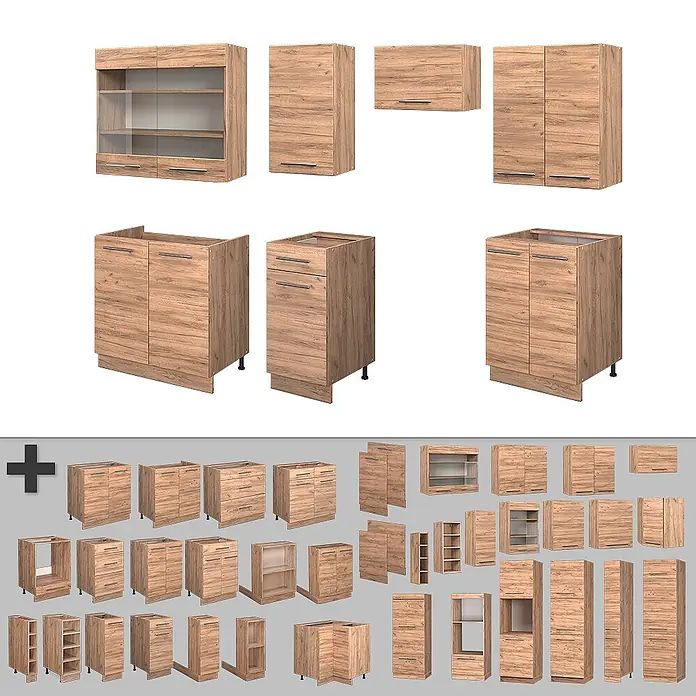Vicco Küchenzeile Fame-Line Goldkraft Eiche, AP Anthrazit - Goldkraft Eiche, Ohne Elektrogeräte - Modulares Küchenschranksystem in heller Holzoptik.