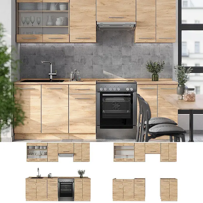 Vicco Küchenzeile Fame-Line Goldkraft Eiche, AP Anthrazit - Goldkraft Eiche, Ohne Elektrogeräte - Helle Holzmaserung Küchenzeile mit Ober- und Unterschränken, Spüle und Backofen. Einige Oberschränke haben Glasfronten.