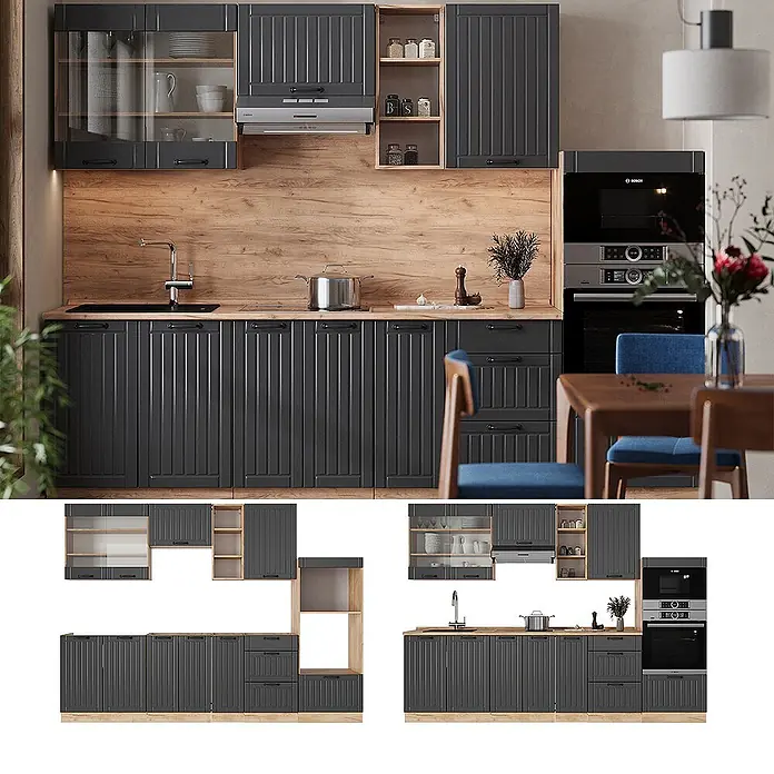Vicco Küchenzeile Fame-Line Dunkelgrau, AP Eiche - Breite: 280 cm, Dunkelgrau, Ohne Elektrogeräte - Dunkelgraue geriffelte Küchenschränke mit Holz-Arbeitsplatte und -Rückwand in kompletter Küchenaufstellung mit integrierten Geräten.