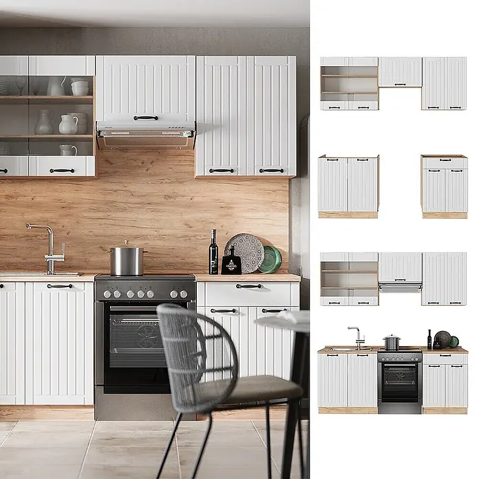 Vicco Küchenzeile Fame-Line Weiß Landhaus ohne Arbeitsplatte - Breite: 200 cm, Weiß Landhaus, Ohne Elektrogeräte - Modulares Küchensystem mit weißen Lamellenfronten, schwarzen Griffen und Arbeitsplatten in Holzoptik.