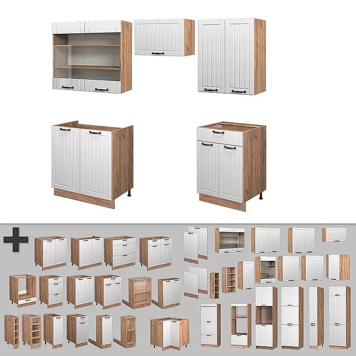 Vicco Küchenzeile Fame-Line Weiß Landhaus ohne Arbeitsplatte - Breite: 200 cm, Weiß Landhaus, Ohne Elektrogeräte - Modulares Küchenschranksystem: weiße geriffelte Türen, Holzoptik-Rahmen. Verschiedene Unter-, Ober-, Hochschränke.