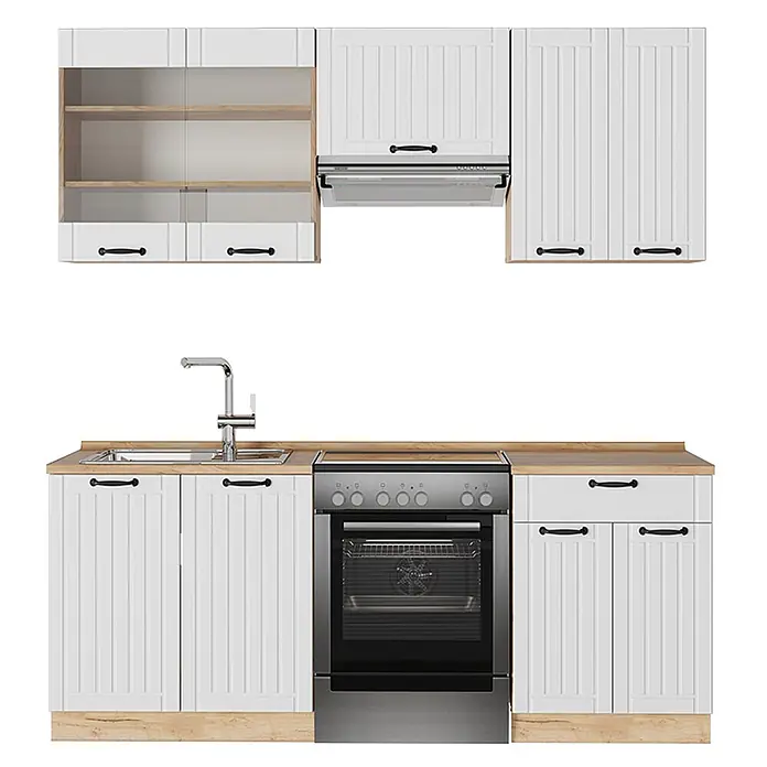 Vicco Küchenzeile Fame-Line Weiß Landhaus, AP Eiche - Weiß Landhaus, Ohne Elektrogeräte - Weißes Küchenschrank-Set mit Holzdetails, integrierter Spüle, Herd, Kochfeld und Dunstabzugshaube.