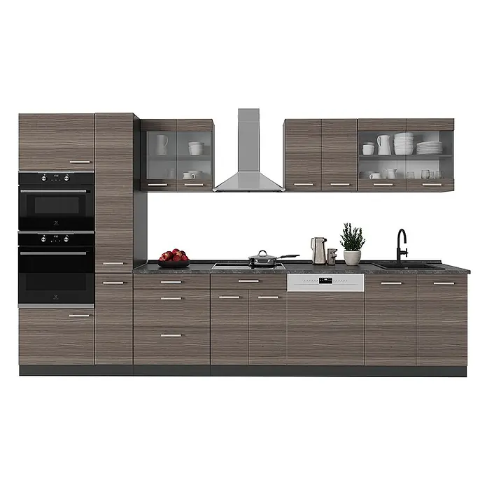 Vicco Küchenzeile R-Line Edelgrau/Anthrazit, AP Marmor - Breite: 350 cm, Edelgrau, Ohne Elektrogeräte - Moderne Modulküche mit Holzdekorfronten, dunkler Arbeitsplatte, integrierten Öfen, Mikrowelle, Geschirrspüler, Kochfeld und Spüle.