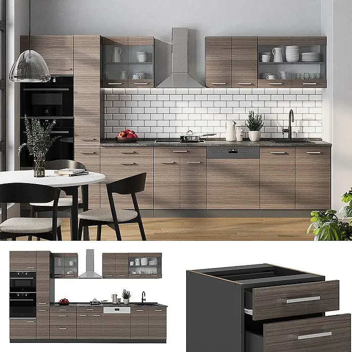 Vicco Küchenzeile R-Line Edelgrau/Anthrazit, AP Marmor - Breite: 350 cm, Edelgrau, Ohne Elektrogeräte - Moderne Küche mit braunen Holzmaserungsschränken, Schubladen und integrierten Geräten.