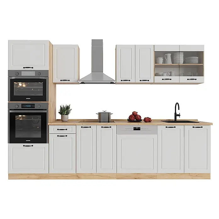 Vicco Küchenzeile R-Line Weiß Landhaus/Goldkraft Eiche mit Hochschrank, AP Anthrazit - Weiß Landhaus, Ohne Elektrogeräte - Weiße Küchenschränke mit Arbeitsplatten aus Holz und integrierten Geräten, darunter Doppelbackofen, Kochfeld, Geschirrspüler und Dunstabzugshaube.
