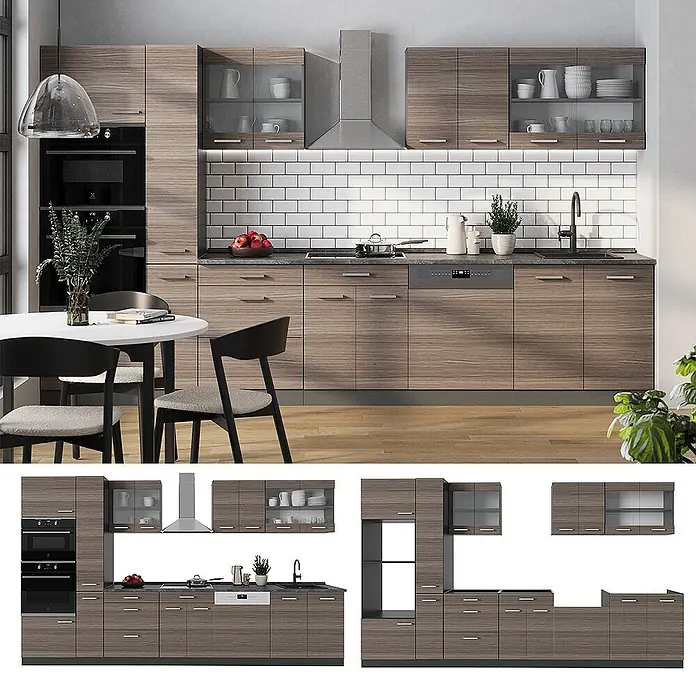 Vicco Küchenzeile R-Line Edelgrau/Anthrazit, AP Eiche - Breite: 350 cm, Edelgrau, Ohne Elektrogeräte - Moderne Küchenmöbelgarnitur in dunkler Holzoptik mit integrierten Geräten und modularen Konfigurationen.