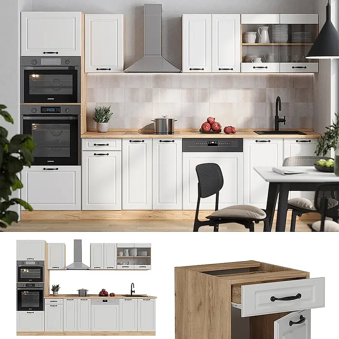 Vicco Küchenzeile R-Line Weiß Landhaus/Goldkraft Eiche mit Hochschrank, AP Anthrazit - Weiß Landhaus, Ohne Elektrogeräte - Weiße Shaker-Küche mit Holz-Arbeitsplatte und schwarzen Einbaugeräten: Doppelofen, Kochfeld, Spüle, Geschirrspüler.