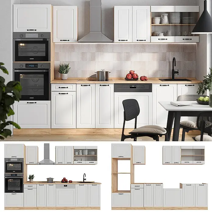 Vicco Küchenzeile R-Line Weiß Landhaus/Goldkraft Eiche mit Hochschrank, AP Anthrazit - Weiß Landhaus, Ohne Elektrogeräte - Weißes modulares Küchenschrank-Set mit Holzoptik-Arbeitsplatten und schwarzen Griffen, integrierten Geräten und offenen Regalen.