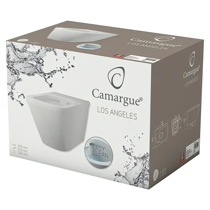 Camargue Los Angeles Wand-WC - Spülrandlos, Ohne Spezialglasur, Spülform: Tief, WC Abgang: Waagerecht, Weiß - Karton mit hängendem WC Camargue Los Angeles, das mit der Easy-Clean-Technologie ausgestattet ist, mit Produktabmessungen und Details.