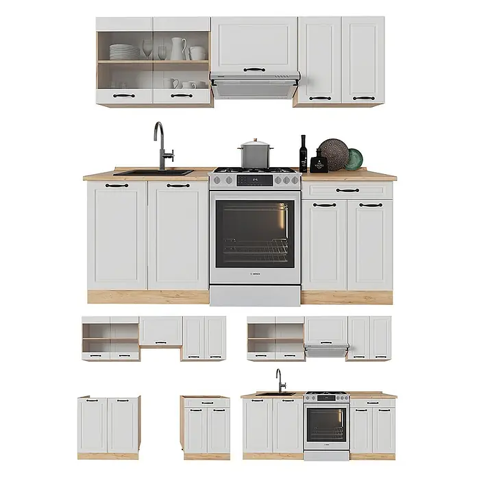 Vicco Küchenzeile R-Line Weiß Landhaus/Goldkraft Eiche, AP Eiche - Weiß Landhaus, Ohne Elektrogeräte - Modulare weiße Küchenschrank-Set mit Holzdetails, inklusive Spüle und Herd.