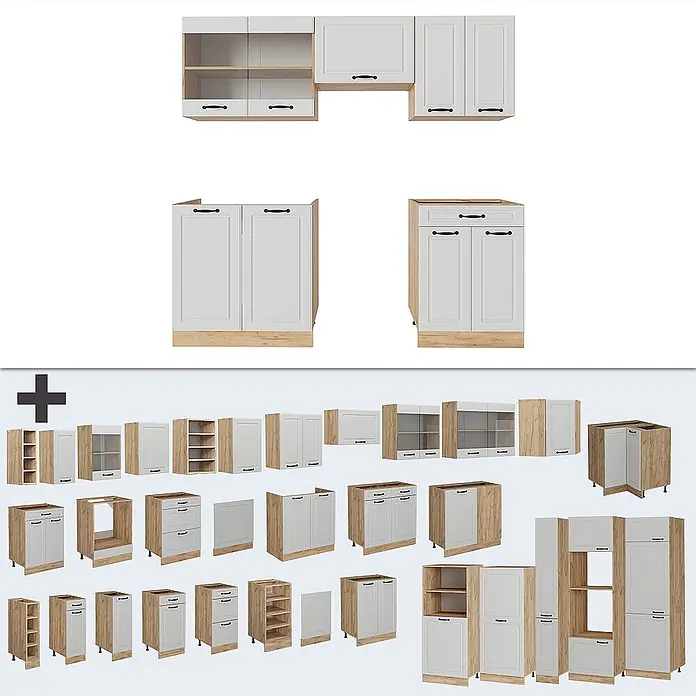 Vicco Küchenzeile R-Line Weiß Landhaus/Goldkraft Eiche ohne Arbeitsplatte - Weiß Landhaus, Ohne Elektrogeräte - Modulare Küchenschränke in heller Holzoptik und Weiß, vielseitig konfigurierbar für Küchen.
