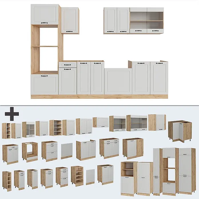 Vicco Küchenzeile R-Line Weiß Landhaus/Goldkraft Eiche mit Hochschrank, AP Anthrazit - Weiß Landhaus, Ohne Elektrogeräte - Modulares Küchenschrank-Set mit hellgrauen Türen, hellen Holzrahmen und schwarzen Griffen, montiert und als Einzelteile.