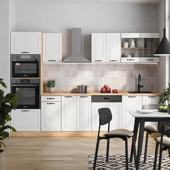 Vicco Küchenzeile R-Line Weiß Landhaus/Goldkraft Eiche mit Hochschrank, AP Anthrazit - Weiß Landhaus, Ohne Elektrogeräte - Moderne weiße Küche mit integrierten schwarzen Öfen, Geschirrspüler, Holzarbeitsplatte und Dunstabzugshaube aus Edelstahl.