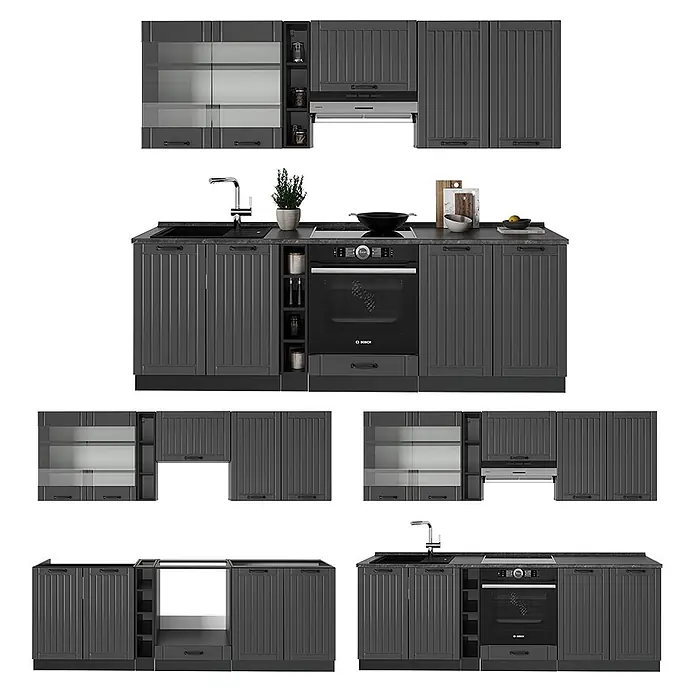 Vicco Küchenzeile Fame-Line Dunkelgrau, AP Eiche - Breite: 235 cm, Dunkelgrau, Ohne Elektrogeräte - Dunkelgraue geriffelte Küchenschränke mit integrierter Spüle, Kochfeld, Backofen und Hängeschränken, auch mit Glasfronten.