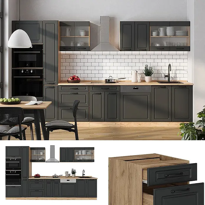 Vicco Küchenzeile R-Line Anthrazit Landhaus/Goldkraft Eiche ohne Arbeitsplatte - Anthrazit Landhaus, Ohne Elektrogeräte - Dunkelgraue klassische Küchenzeile mit heller Holzarbeitsplatte, integriertem Backofen, Geschirrspüler, Spüle und Stauschränken.